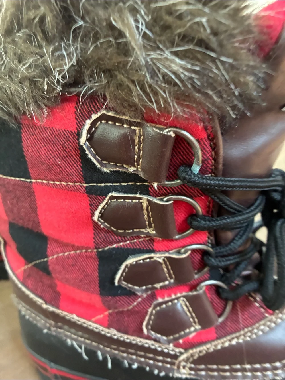 Natural Reflections Red and Black Buffalo Plaid Faux Fur Winter Rain Boots